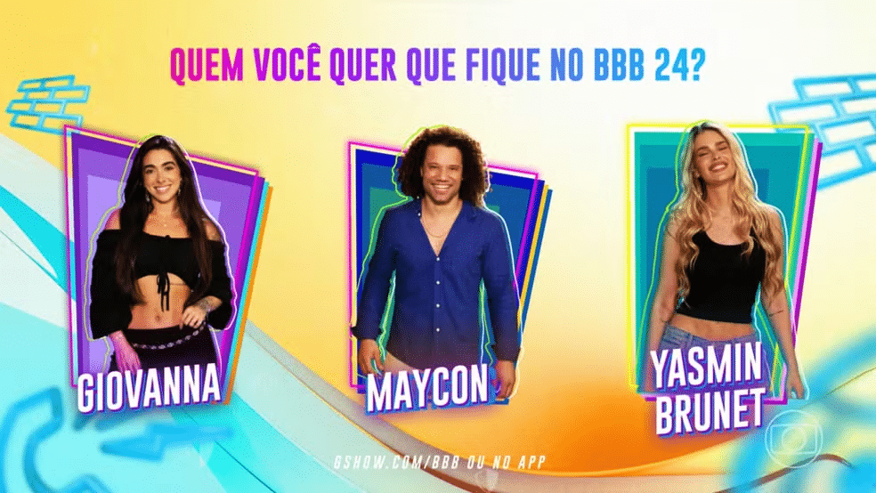 Quem está no primeiro Paredão do BBB 24? Giovanna, Maycon e Yasmin Brunet formam a berlinda — Foto: Globo